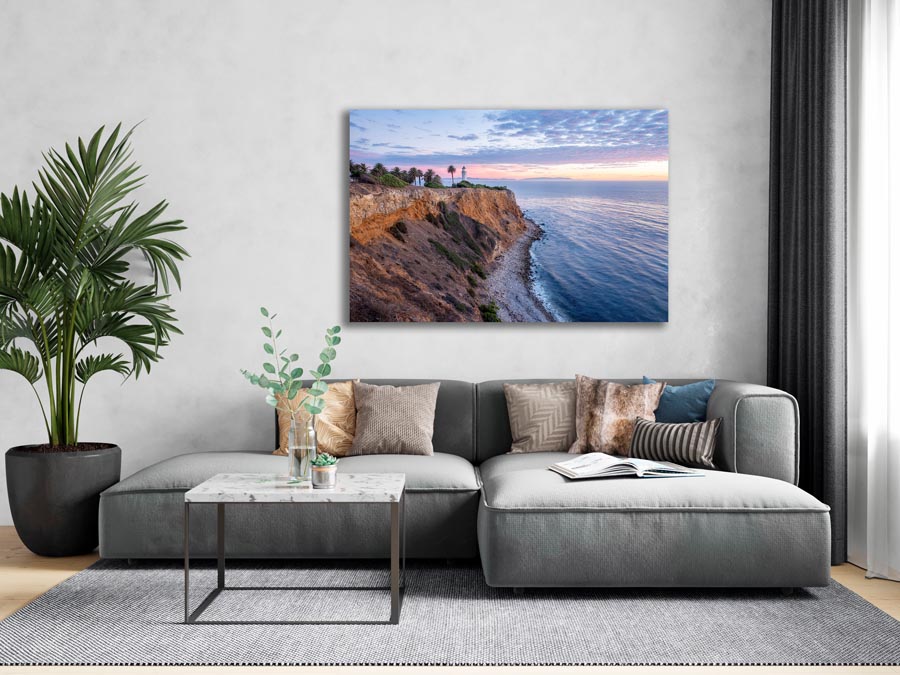 Visual mock-up of Point Vicente lighthouse hanging above couch.