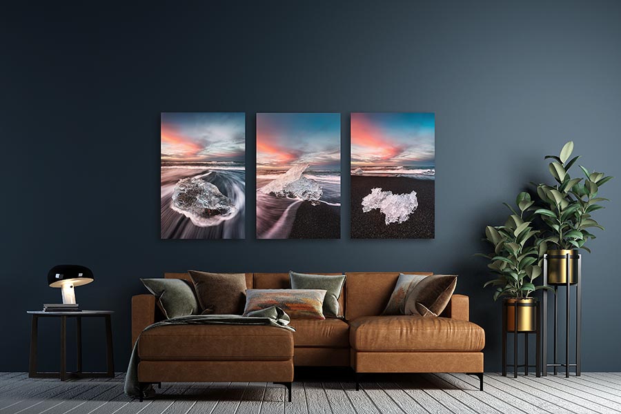 Series of three photographs from Iceland's Jökulsárlón black sand beach.