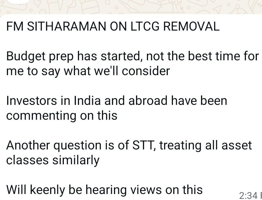 FM Sitharaman Signals Openness to Market Feedback on LTCG and STT as Budget Preparations Begin — October 13, 2026