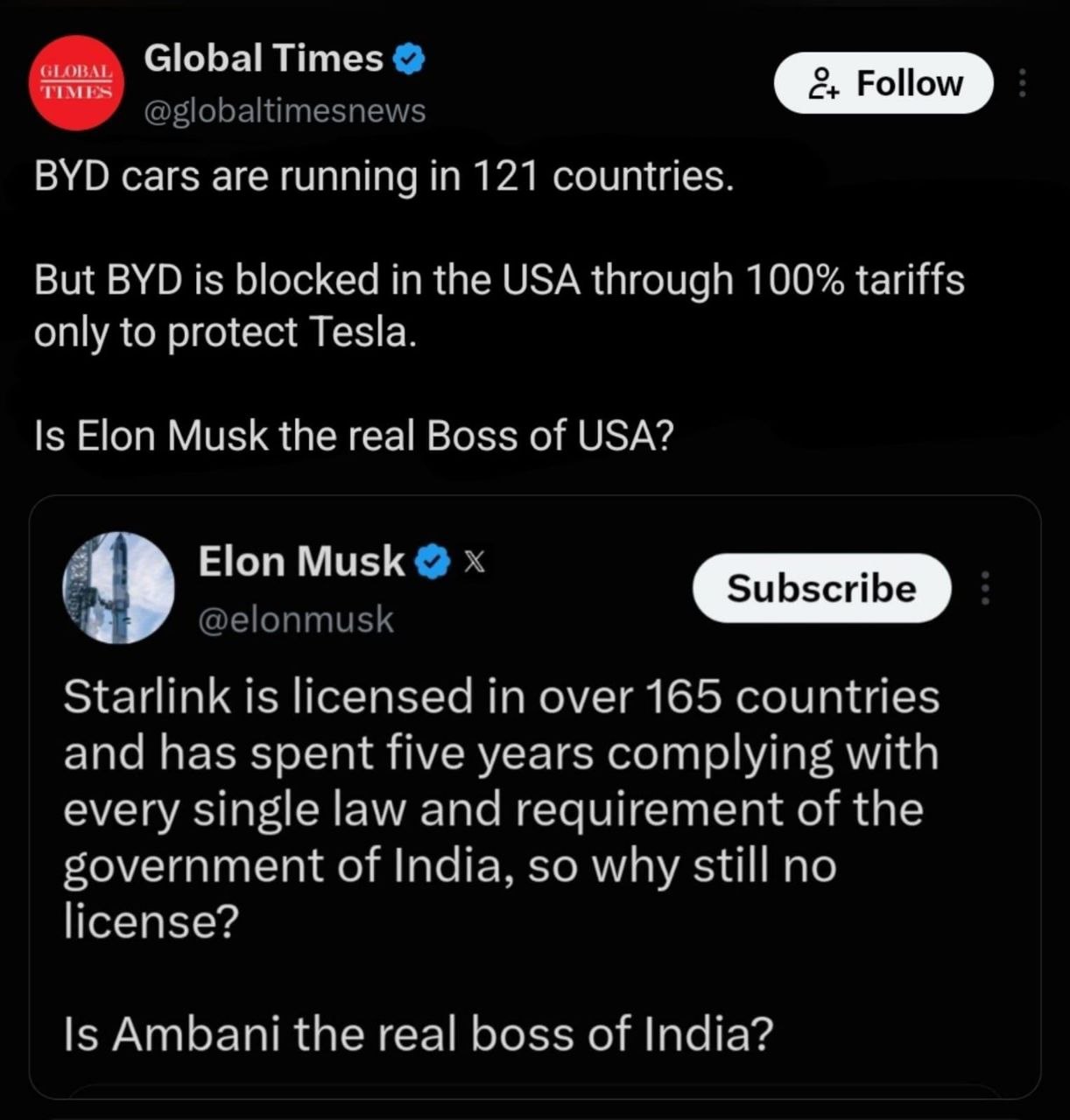 Elon Musk Targets Mukesh Ambani Over Starlink Approvals as Debate on Market Protectionism Intensifies — October 10, 2026
