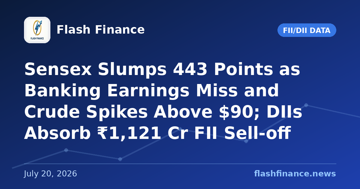 Sensex Slumps 443 Points as Banking Earnings Miss and Crude Spikes Above $90; DIIs Absorb ₹1,121 Cr FII Sell-off