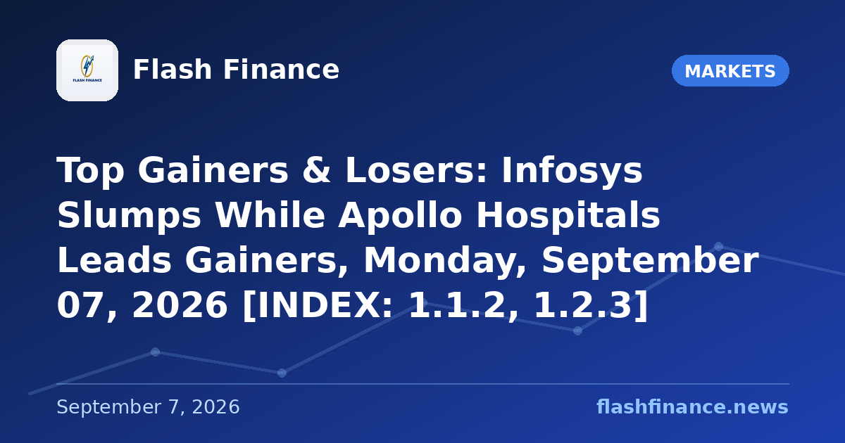 Top Gainers & Losers: Infosys Slumps While Apollo Hospitals Leads Gainers, Monday, September 07, 2026 [INDEX: 1.1.2, 1.2.3]
