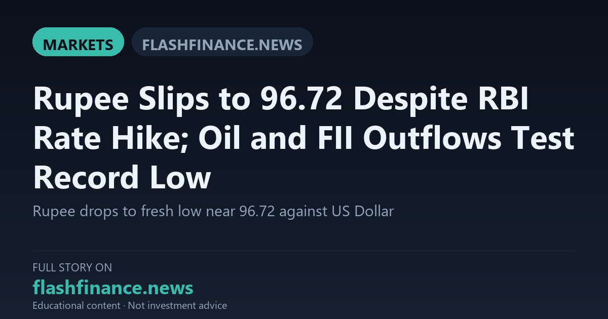 Rupee Weakens Toward Record Low Near 96.72 Against US Dollar Despite RBI Rate Hike