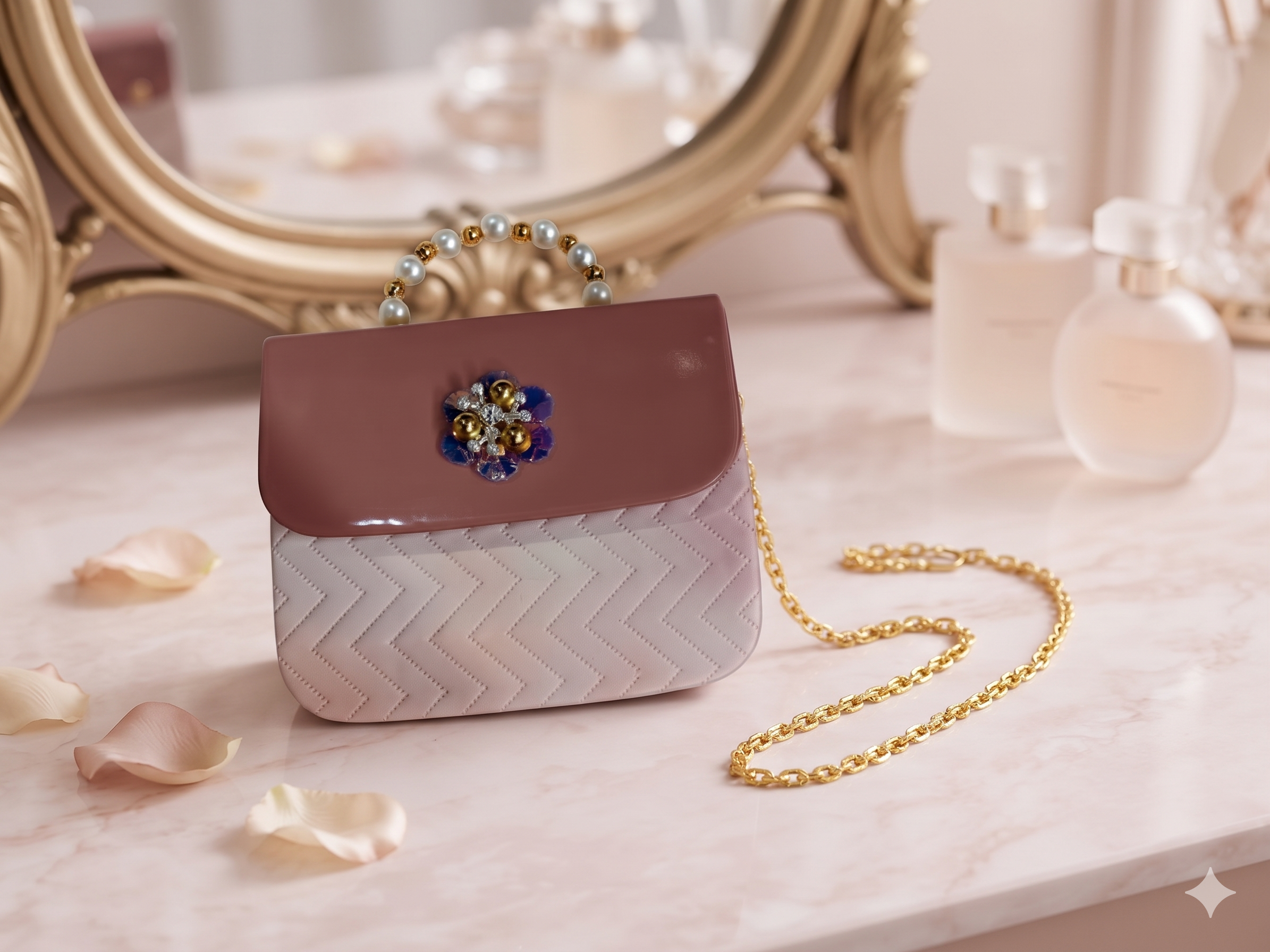 Rose Mauve Quilted Pearl Handle Mini Bag