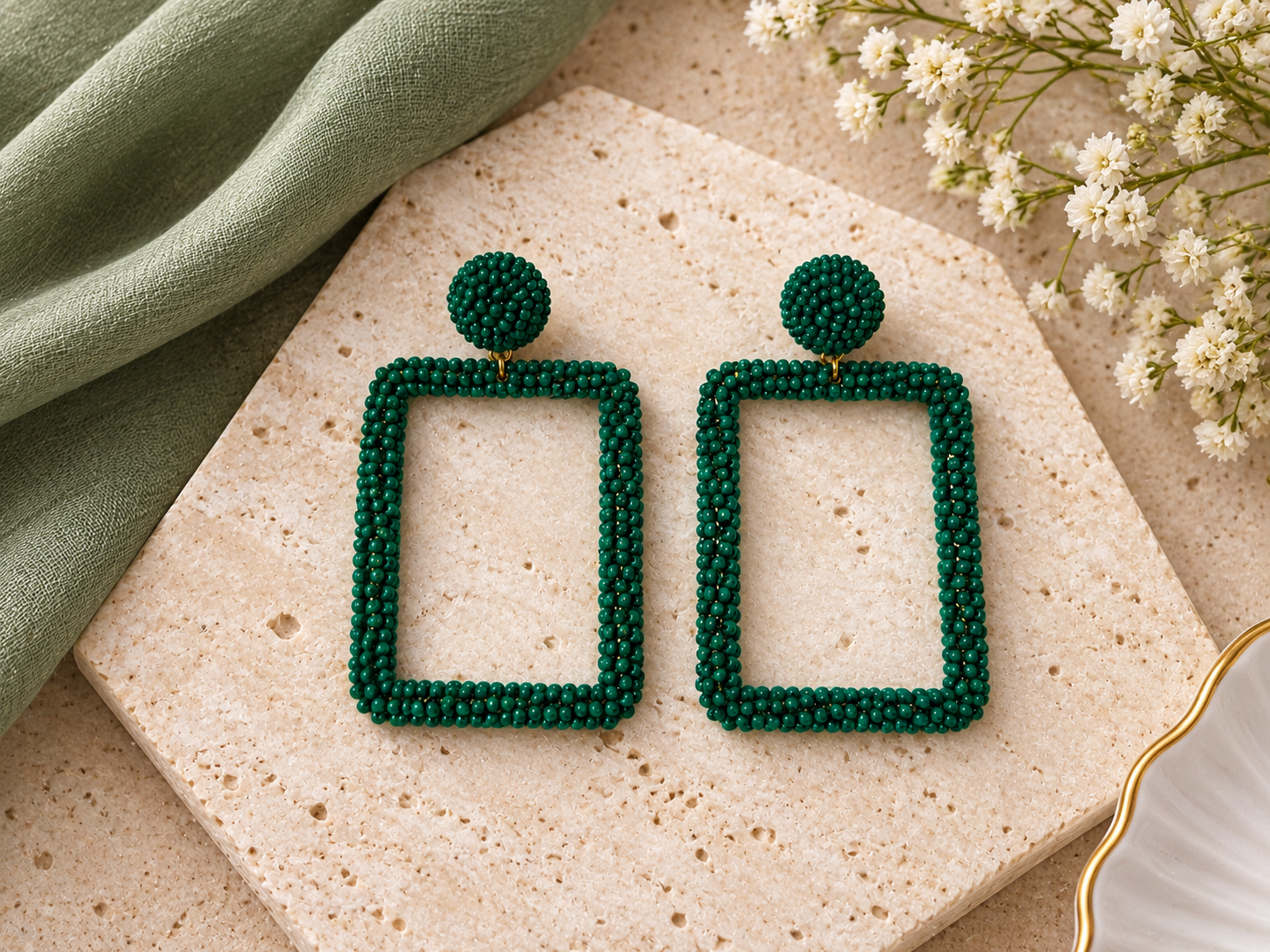 Handmade Green Beaded Rectangle Earrings