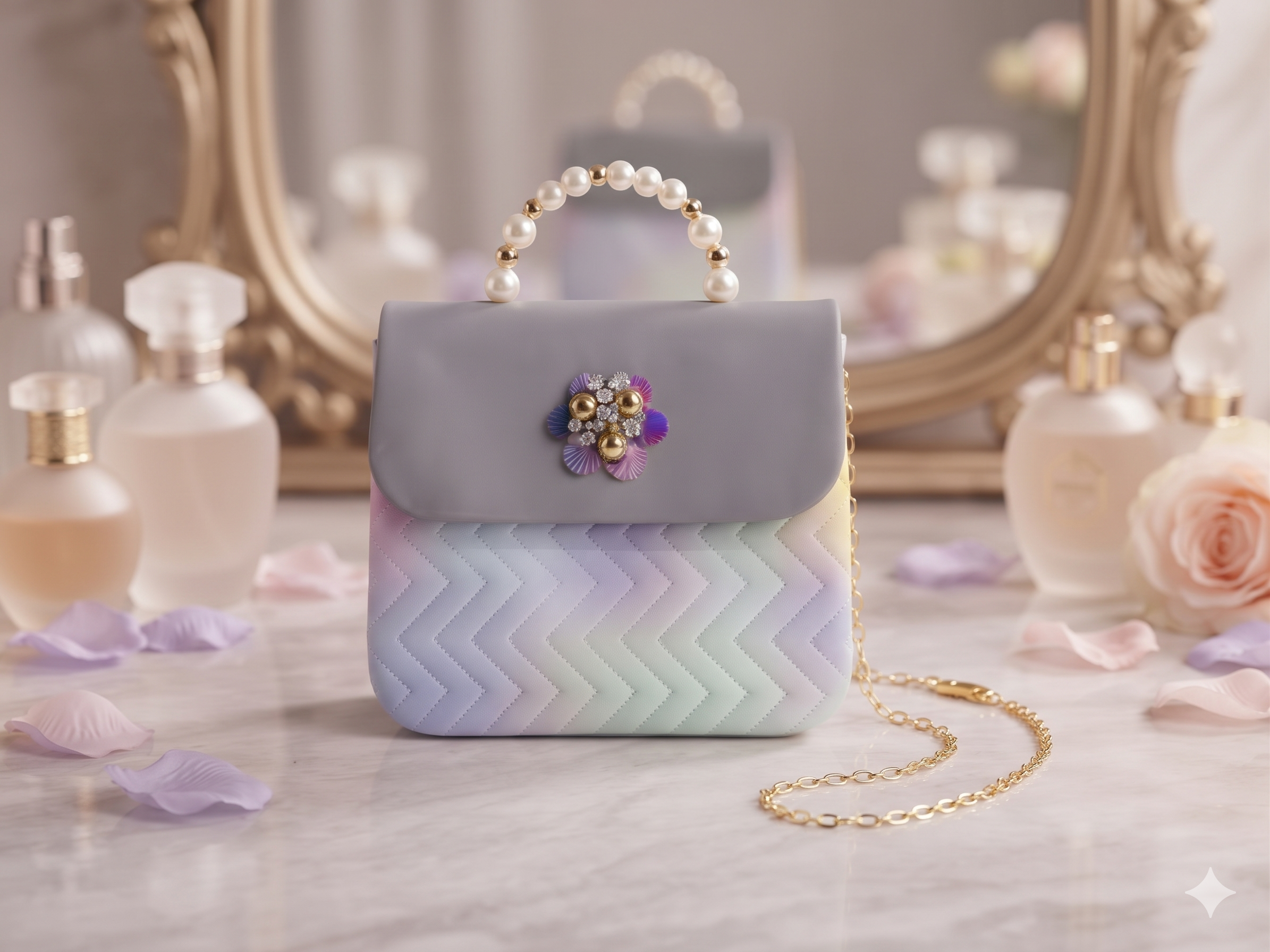 Grey Quilted Pearl Handle Mini Bag
