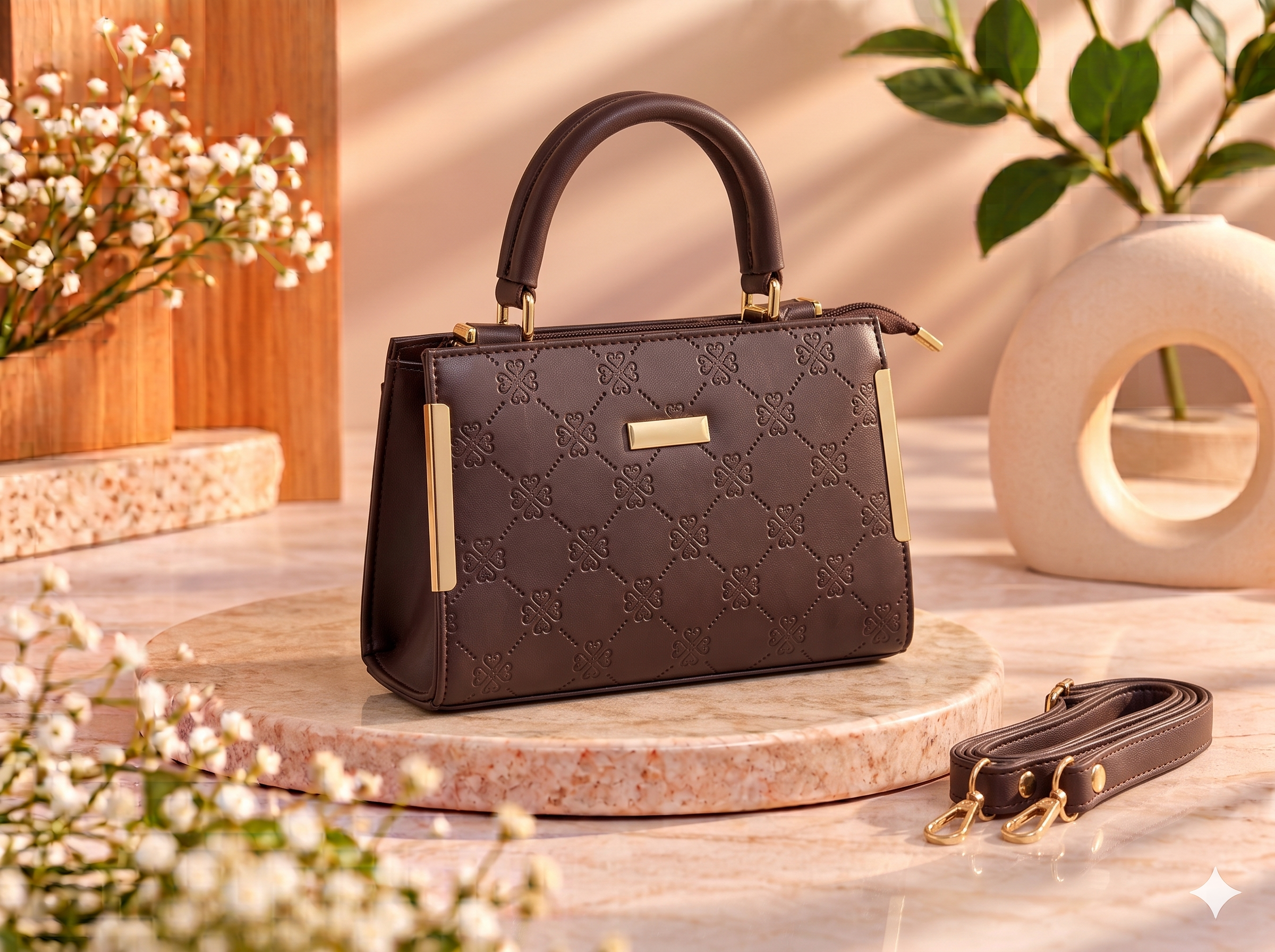 Brown Embossed Gold Bar Handbag with Strap