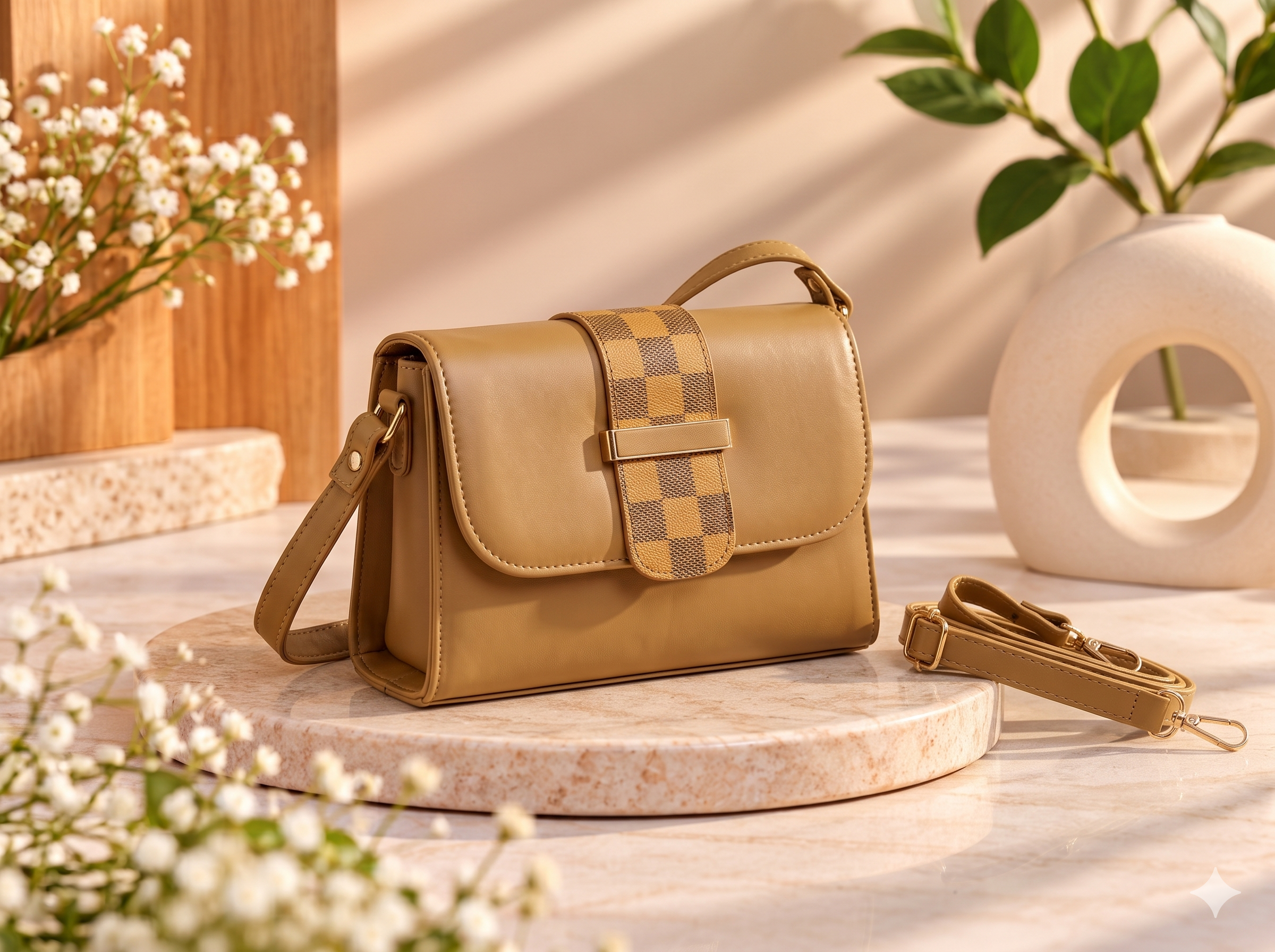 Tan Checkered Strap Crossbody Handbag
