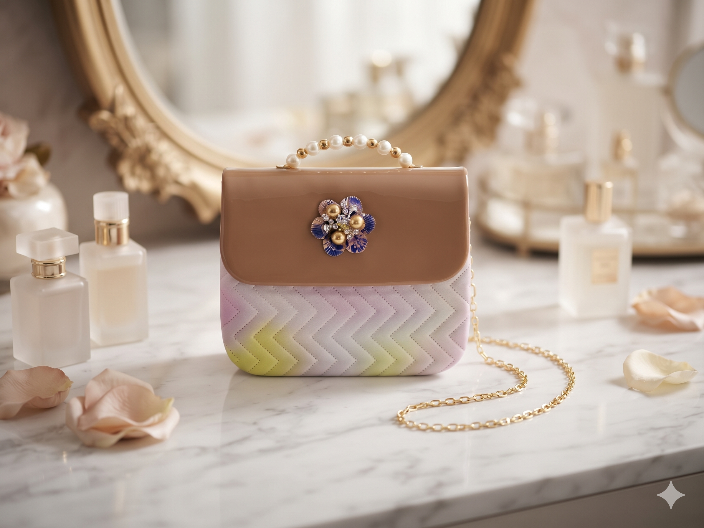 Camel Brown Quilted Pearl Handle Mini Bag