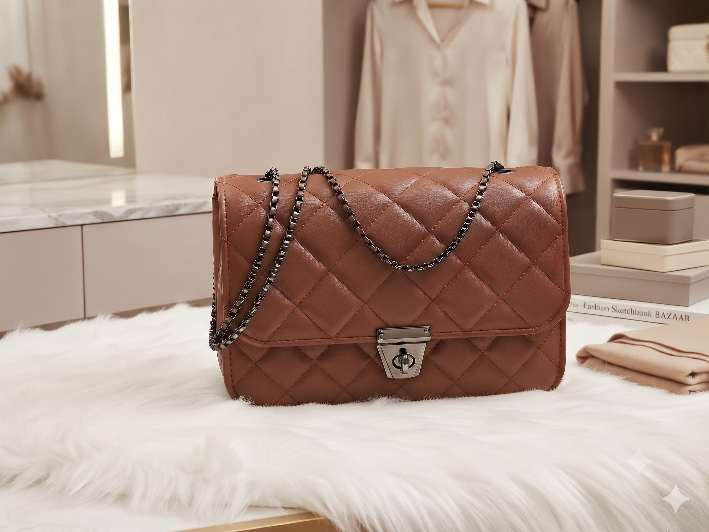 Tan Brown Quilted Flap Chain Shoulder Bag