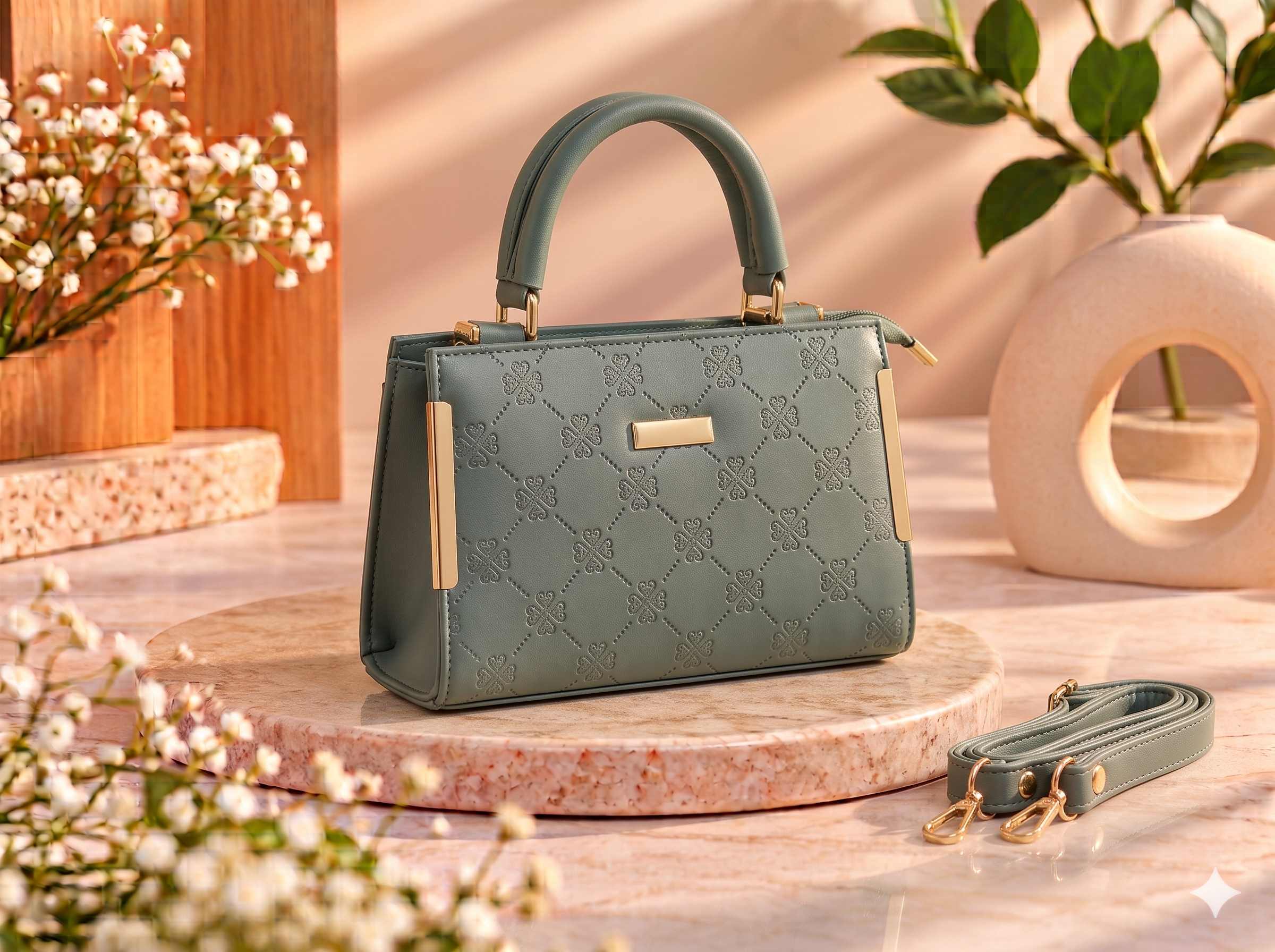 Sage Green Embossed Gold Bar Handbag with Strap