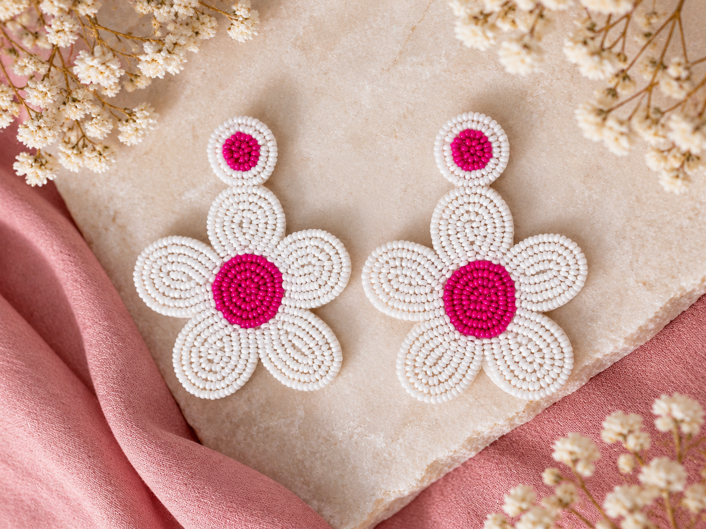 Handmade White Pink Daisy Beaded Earrings