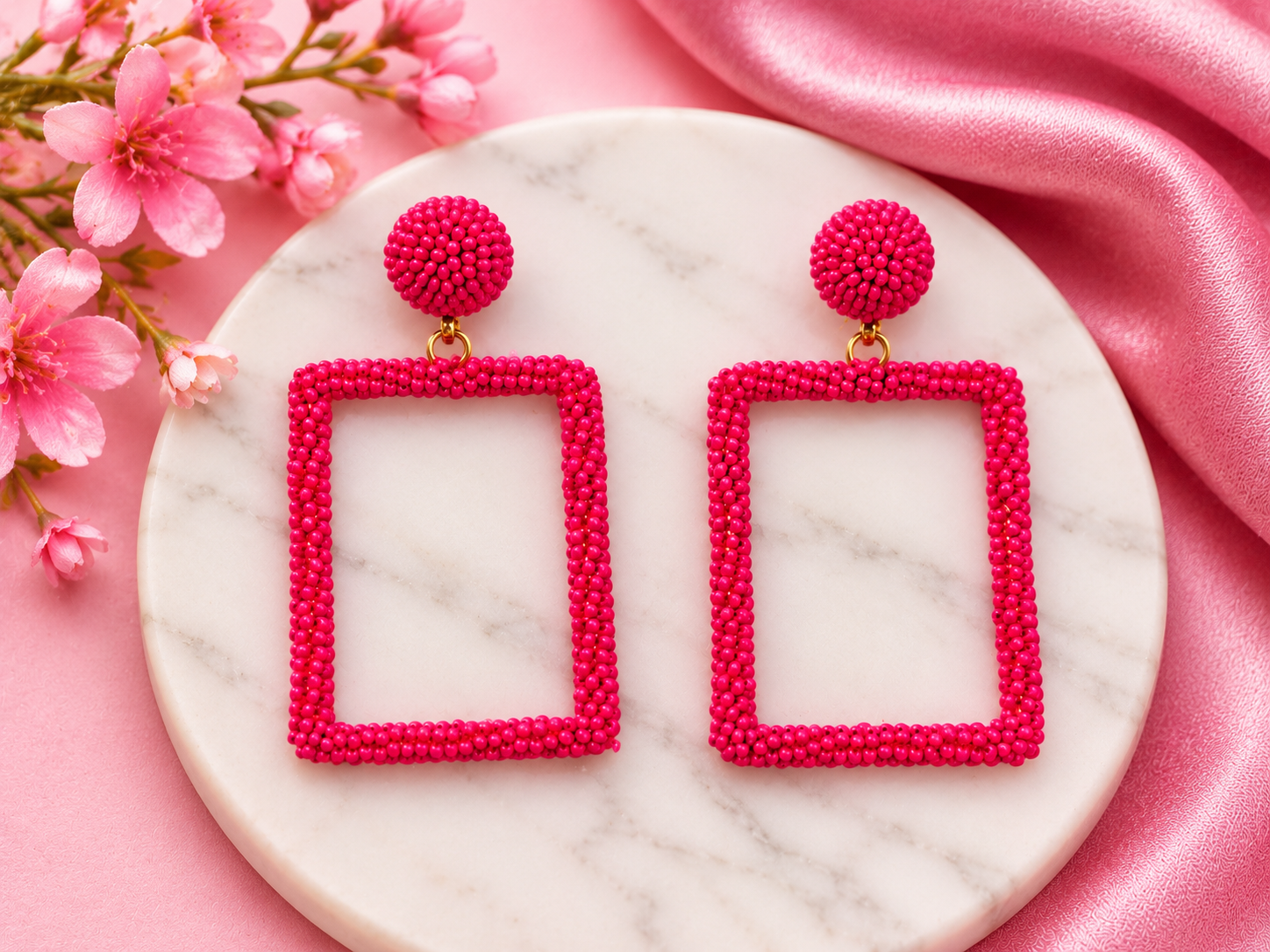 Handmade Hot Pink Beaded Rectangle Earrings