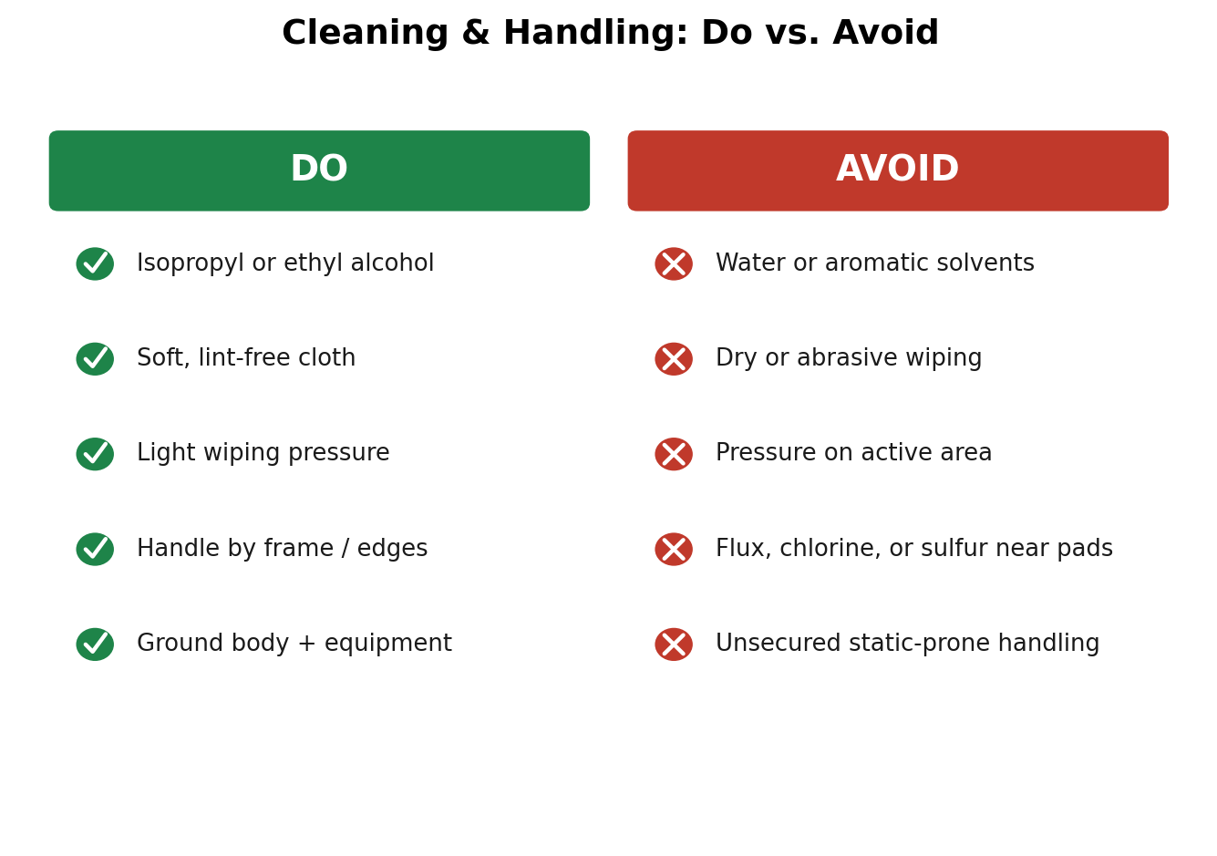 Cleaning and handling do versus avoid: use isopropyl or ethyl alcohol, a soft lint-free cloth, light pressure, and handle by the frame; avoid water, aromatic solvents, abrasive wiping, pressure on the active area, and flux, chlorine or sulfur near the pads