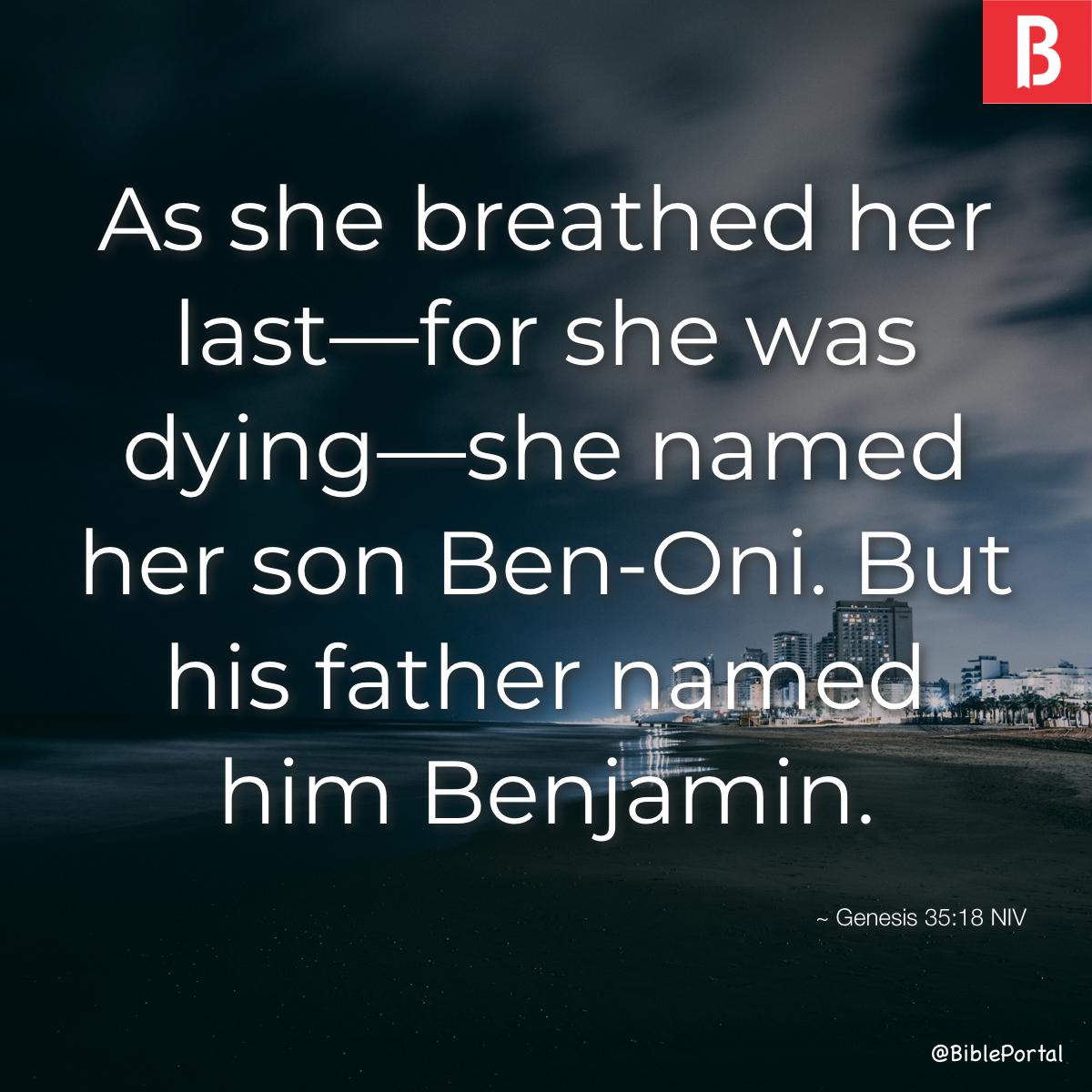 Genesis 35:18 And with her last breath--for she was dying--she named him  Ben-oni. But his father called him Benjamin.