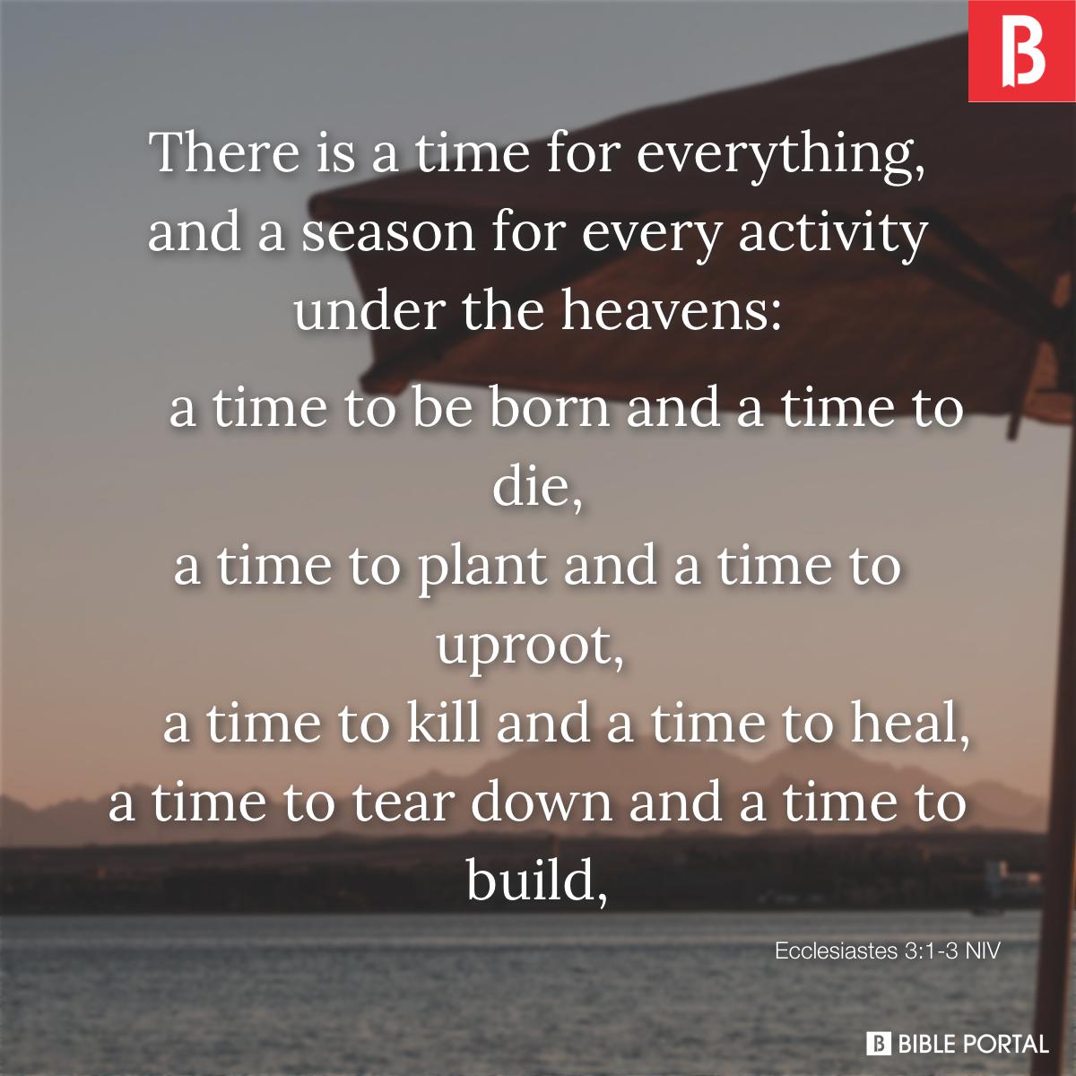 Ecclesiastes 3:1-11 There is a time for everything, and a season for every  activity under the heavens: a time to be born and a time to die, a time to  plant and