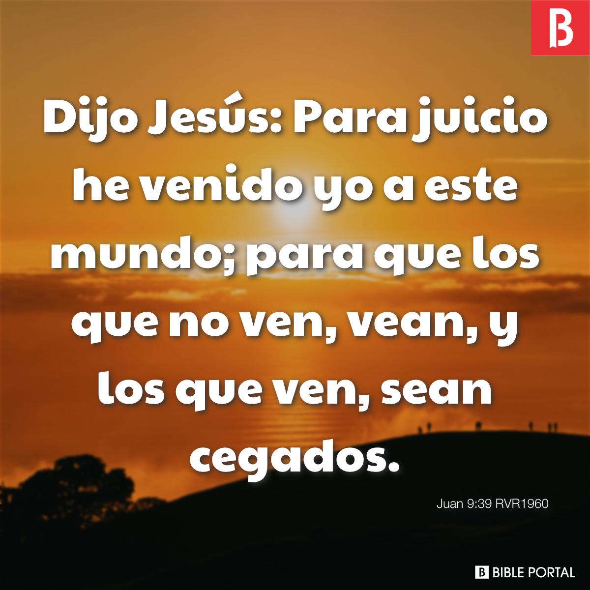 Juan, 9:39 - Y dijo Jesús: Yo, para juicio he venido a este mundo; para que  los que no ven, vean; y los que ven, sean cegados.