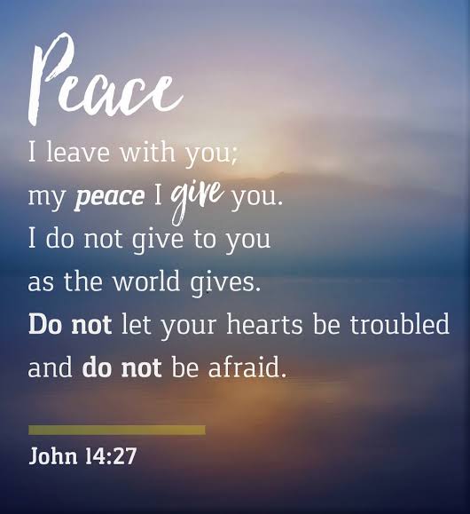 Kzoce I leave with you; my peace [ die you: Ido not give to you as the world gives: Do not let hearts be troubled and do not be afraid John 14.27 your