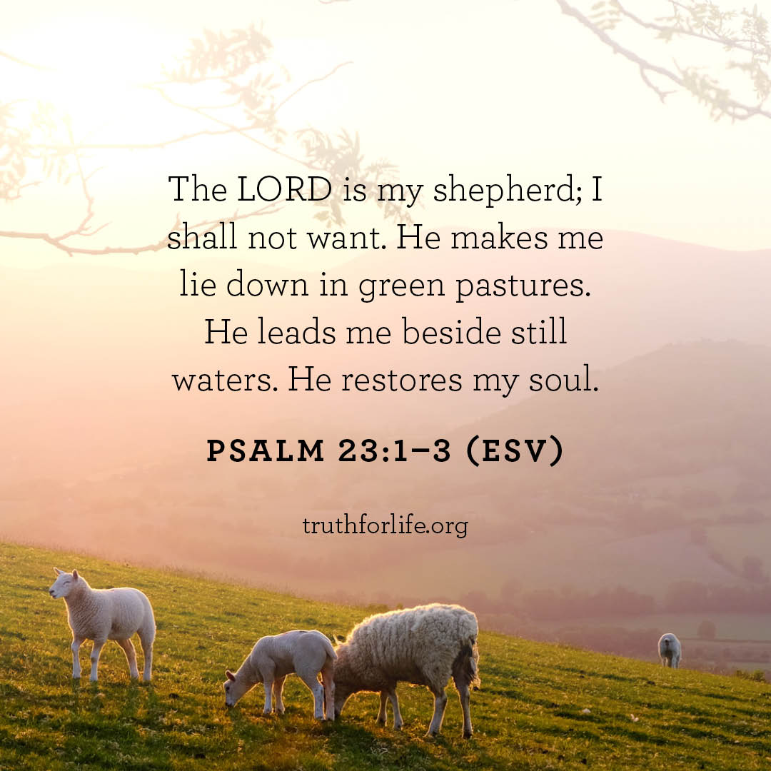 The LORD is my shepherd; I shall not want. He makes me lie down in green pastures: He leads me beside still waters. He restores my soul. PSALM 23.1-3 (ESV) truthforlifeorg