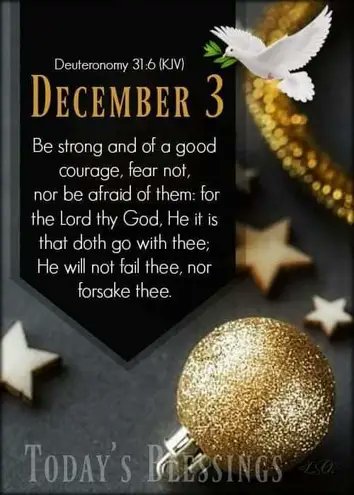 Deuteronomy 31.6 IKJVI DEcEMBER 3 Be and of a courage; fear not, nor be afraid of them: for the Lord thy God, He it is that doth go thee; He will not fail thee, nor forsake thee Today' $ BEESSiNGS good strong with Uao