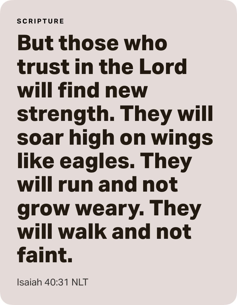 ScRIPTURE But those who trust in the Lord will find new strength: They will soar high on wings like eagles: will run and not grow weary: They will walk and not faint: Isaiah 40.31 NLT They