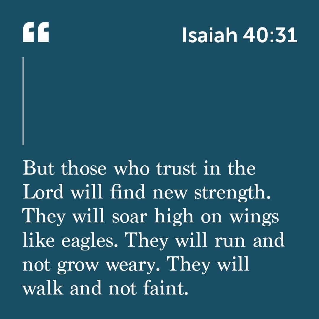 Isaiah 40.31 But those who trust in the Lord will find new strength. will soar high on wings like eagles. They will run and not grow weary. will walk and not faint: They They