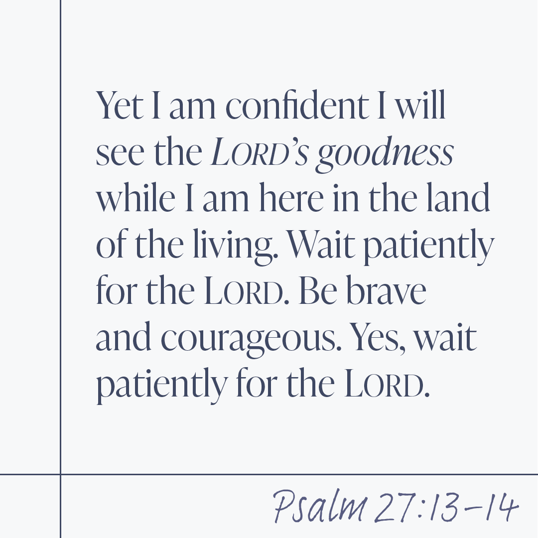 Yet Iam confident [will see the LORD $ goodness while [am here in the land of the living Wait patiently for the LORD Be brave and courageous Yes; wait patiently for the LORD. Psalm 27:13-14