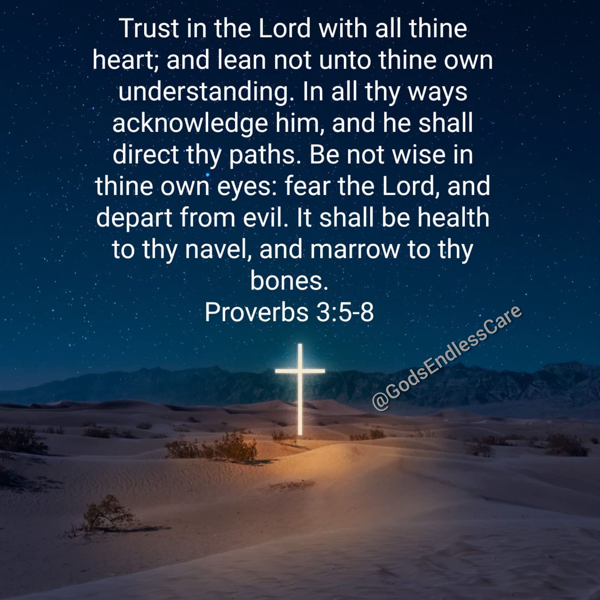 Trust in the Lord with all thine heart; and lean not unto thine own understanding: In all thy ways acknowledge him, and he shall direct thy paths Be not wise in thine own eyes: fear the Lord, and depart from evil: It shall be health to thy navel; and marrow to thy bones: Proverbs 3.5-8 GodsEndlessCare