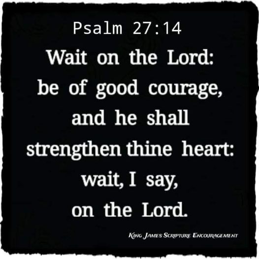 Psalm 27:14 Wait on the Lord: be of courage; and he shall strengthen thine heart: wait; I say; on the Lord KINc JAMt $ ScRIPIURL ENLOURAGEMIENT good