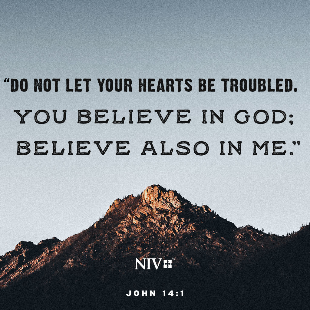 "D0 NoT LET YOUR HEARTS BE TROUBLED. YOU BELIEVE IN GOD; BELIEVE ALSO IN ME? NIV# JohN 14:1