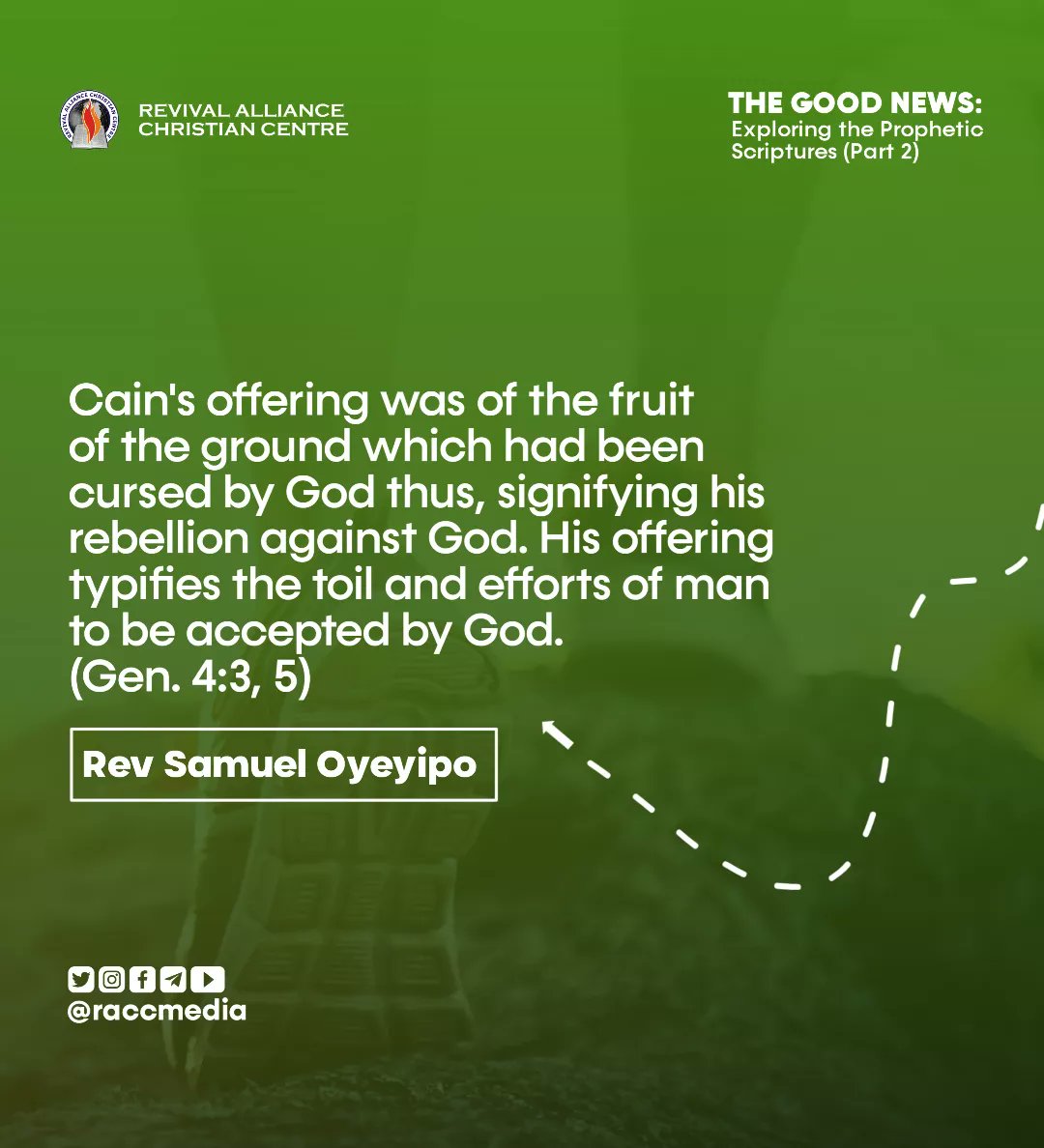 TheGOOD NEWS:  Trananteongk Juro UPo Prept Cain's offering was of the fruit of the ground which had been cursed by God thus, signifying his rebellion against God: His offering typifies the toil and efforts of man to be accepted by God: (Gen 4.3,5) Rev Samuel Oyeyipo Dodd Onoccmedia