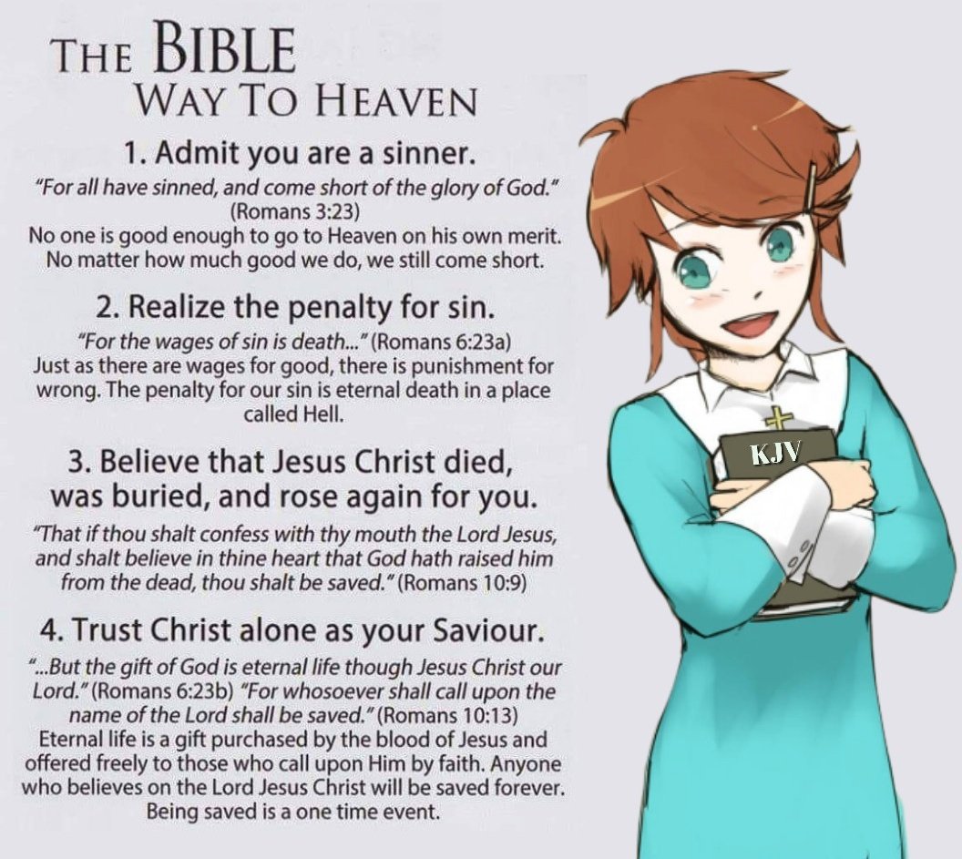 THE BBLE WAY TO HEAVEN 1. Admit you are a sinner: "For all have sinned, and come short of the glory of God:" (Romans 3.23) No one is good enough to go to Heaven on his own merit: No matter how much good we do, we still come short: 2. Realize the penalty for sin: "For the wages of sin is death- (Romans 6.23a) Just as there are wages for good, there is punishment for wrong: The penalty for our sin is eternal death in a place called Hell; 3. Believe that Jesus Christ died, KJV was buried, and rose again for you: if thou shalt confess with thy mouth the Lord Jesus, and shalt believe in thine heart that God hath raised him from the dead, shalt be saved: " (Romans 10.9) 4. Trust Christ alone as your Saviour: But the gift of God is eternal life though Jesus Christ our Lord:" (Romans 6.23b) "For whosoever shall call upon the name of the Lord shall be saved " (Romans 10.13) Eternal life is a gift purchased by the blood of Jesus and offered freely to those who call upon Him by faith: Anyone who believes on the Lord Jesus Christ will be saved forever. Being saved is a one time event: "That  thou