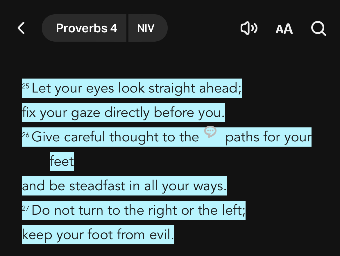 Proverbs 4 NIV AA Q Let your eyes look straight ahead; fix your gaze directly before you; Give careful thought to the paths for feetl and be steadfast in all your ways_ not turn to the right or the left; keep your foot from evil: your Do