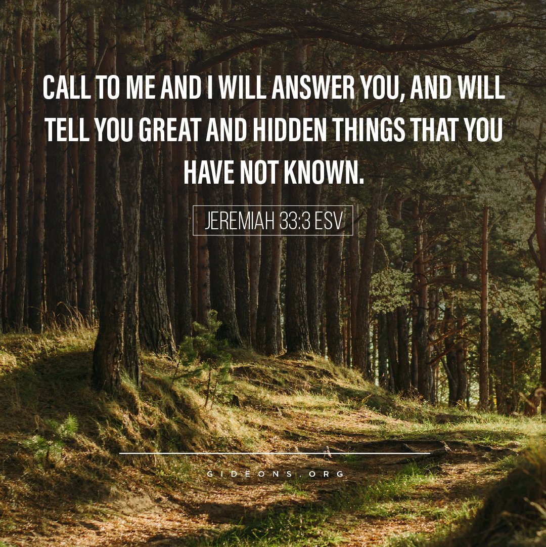 CALL TO ME AND | WILL ANSWER YOU, AND WILL TELL YOU GREAT AND HIDDEN THINGS THAT YOU HAVE NOT KNOWN: JEREMIAH 33.3ESV 0 R