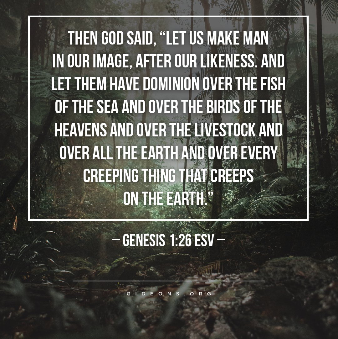 THEN COD SAID ; "LET US MAKE MAN IN OUR IMACE, AFTER OUR LIKENESS. AND LET THEM HAVE DOMINION OVER THE FISH OF THE SEA AND OVER THE BIRDS OF THE HEAVENS AND OVER THE LIVESTOCK AND OVER ALL THE EARTH AND OVER EVERY CREEPING THINC THAT CREEPS ON THE EARTH GENESIS 1.26 ESV