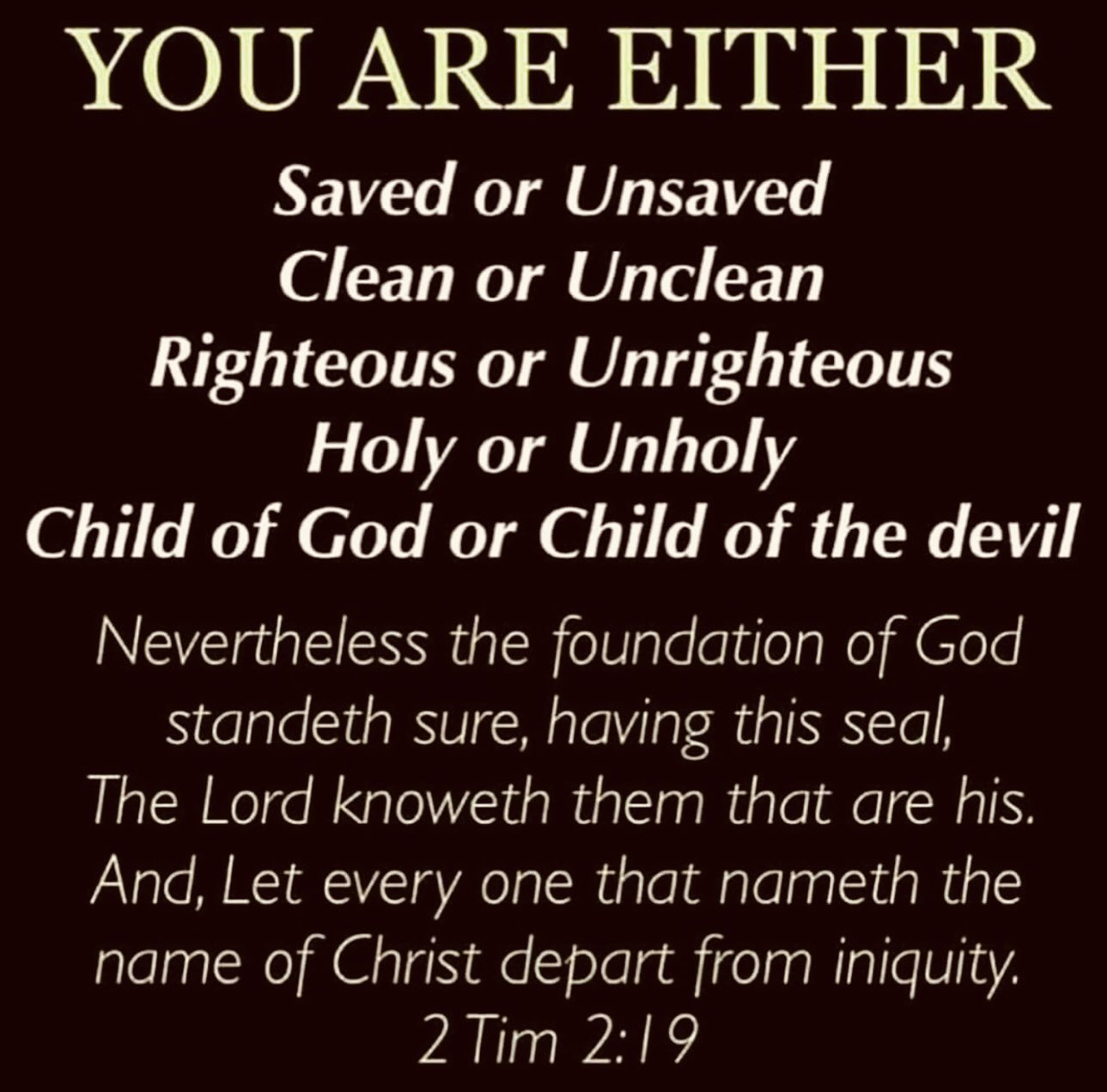 YOU ARE EITHER Saved or Unsaved Clean or Unclean Righteous or Unrighteous Holy or Unholy Child of God or Child of the devil Nevertheless the foundation of God standeth sure; this seal; The Lord knoweth them that are his: And; Let every one that nameth the name of Christ depart from iniquity: 2 Tim 2.19 having