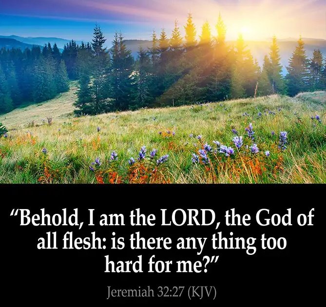 "Behold; Iam the LORD, the God of all flesh: is there any too hard for Jeremiah 32.27 (KJV) thing ' me?"