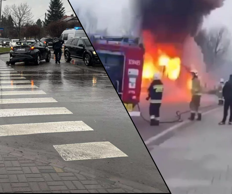 Działo się na drogach w regionie. Kolizja za kolizją i pożar autobusu znanego przewoźnika