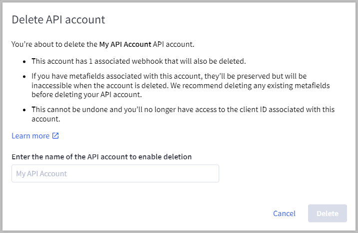 Delete API account window.