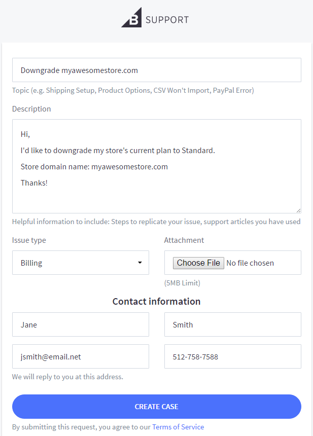 Create new case form filled out with the required information for requesting a downgrade