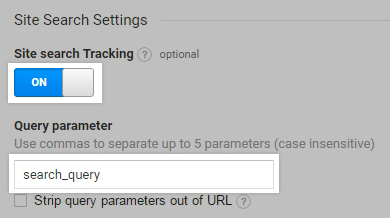 Site Search set to the ON state with search_query in the Query parameter field