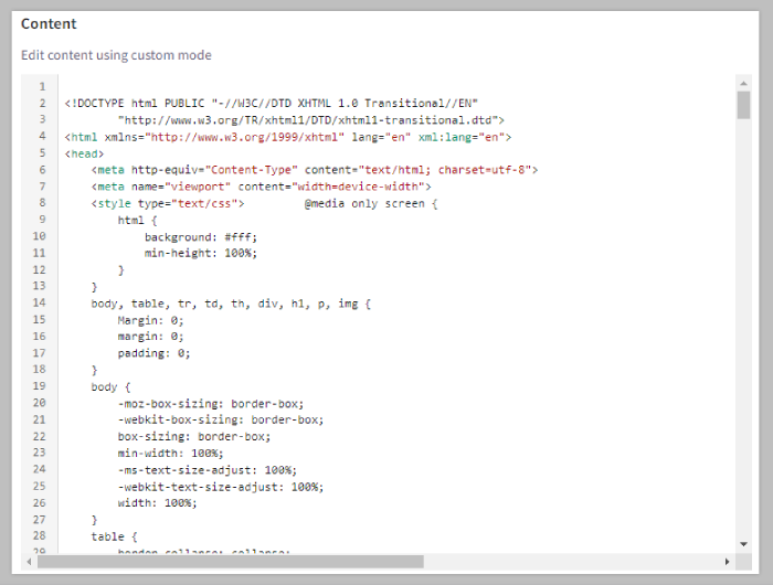 The Content box with template CSS and HTML code