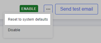 A template's action menu on the Edit page, with the Reset to system defaults action highlighted