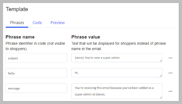 Default phrase names and values in the New super admin created template