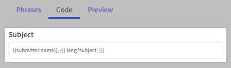 The template subject line, using a variable and a custom phrase
