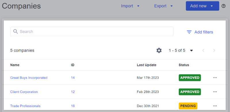 The Companies area of the B2B Edition control panel