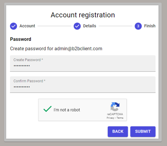 The business account registration form, displaying a reCAPTCHA checkbox