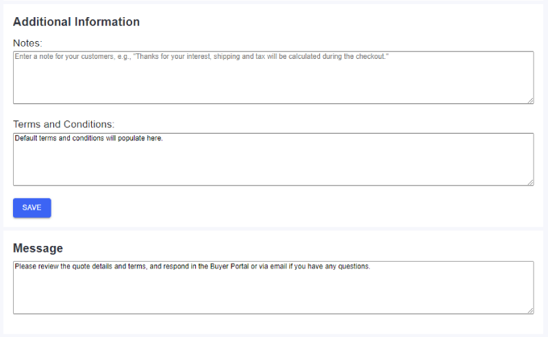 Fields for notes, terms and conditions, and messages