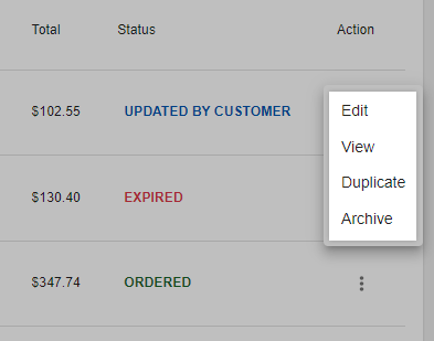 Available actions from the Quotes list