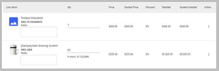 Line items in a quote